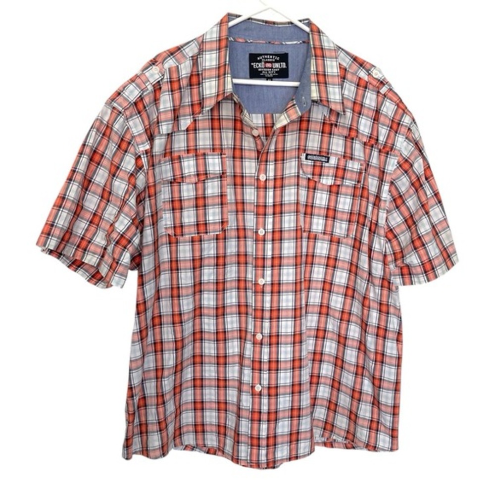 Ecko Unltd‎ 4X Orange Plaid Button Down Short Sleeve Epaulet Utility Skater Y2K